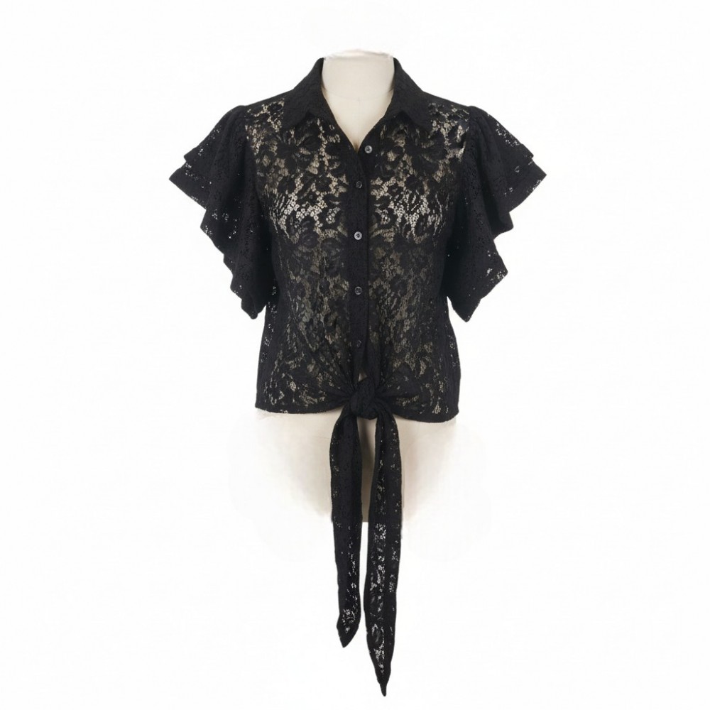 πουκάμισο δαντελλένιο με βολάν μανίκια και δέσιμο εμπρός Limited Collection  